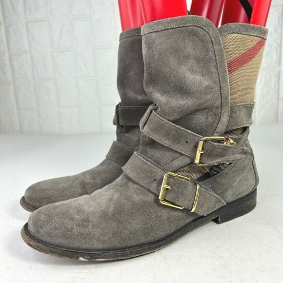 Burberry Worcester Women's Belted Suede Boot US 9 Gray Novacheck Moto Biker Boot - Picture 1 of 12